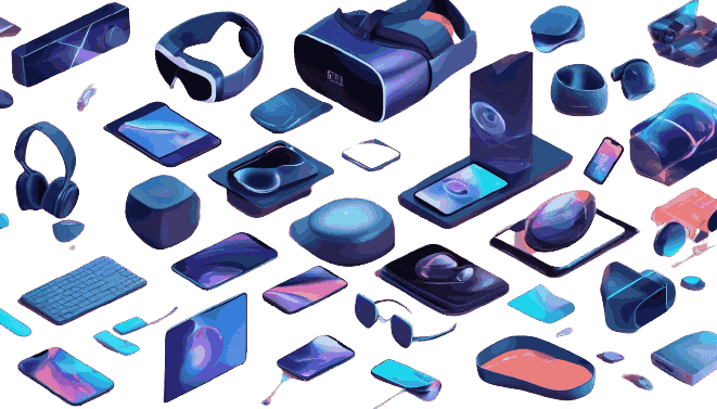 A collage of futuristic gadgets, including smartphones, smartwatches, virtual reality headsets, and speakers, representing the cutting-edge technology of 2023